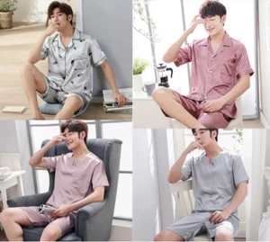 New Men Silk Satin Pajamas Set Short Sleeve Sleepwear Nightwear Loungewear L-3XL - Picture 1 of 15