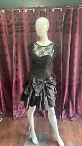 Vintage Eighties Black Lace Bow Party Dress Size Seven