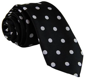 New Men's Polyester Woven 2.5" Skinny Slim Necktie Polka Dots Black/Silver Dots - Picture 1 of 2