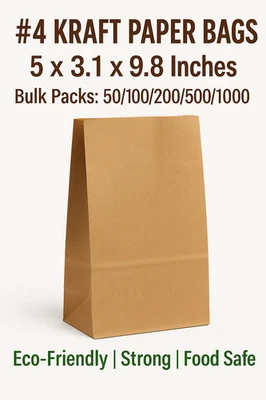 DURO #4 Kraft Paper Bags 5x3.1x9.8" Brown Lunch Grocery Sacks | 50-1000 Bulk Packs