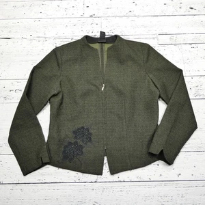 Erika Jacket Womens 10P Green Collarless Zip Front Floral Applique Lined Petite - Picture 1 of 6