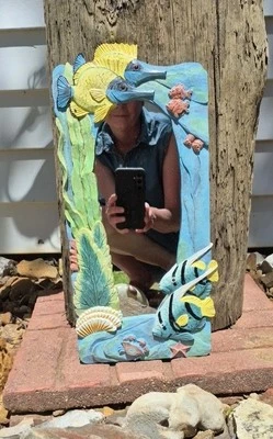 Vintage Florida Condo Seashell Tropical Fish Vertical Wall Hanging Mirror - Image 1 of 4