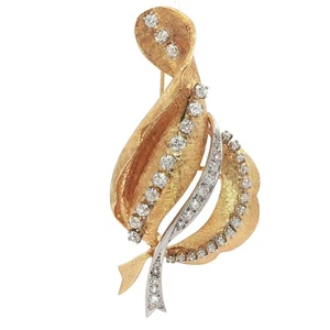 Vintage Retro Yellow Gold 1.60ctw Diamond Large Florentine Ribbon Pin Brooch - Picture 1 of 8