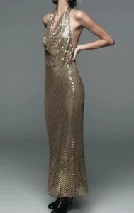 Maxi abito Zara elegante oro paillettes collo alto schiena aperta bodycon taglia XL NUOVO - Foto 1 di 12