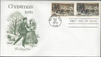 Scott 1702-03 FDC - 13 cent - 1976 - Christmas Fun - N. Currier - FDOI - Image 1 of 2