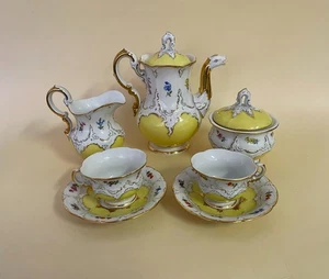 Antiguo juego de moca café dorado amarillo forma B Meissen flores dispersas - Imagen 1 de 24