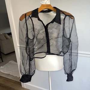 Black Sheer Button Up Long Sleeve Crop Blouse Size M Goth Whismigoth Collar FLAW - Picture 1 of 12