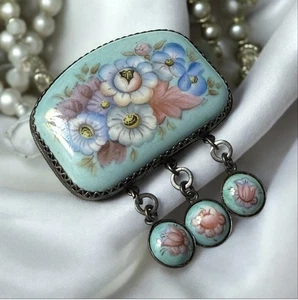 Exquisite Vintage handbemalte russische Rostow Blumen Emaille Porzellan Brosche Anstecknadel - Bild 1 von 8