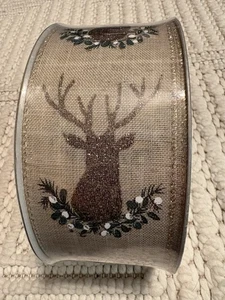 NEW Christmas 50 Yards Wired Edge Premium Ribbon Deer Gold Glitter 2.5"W - Picture 1 of 4