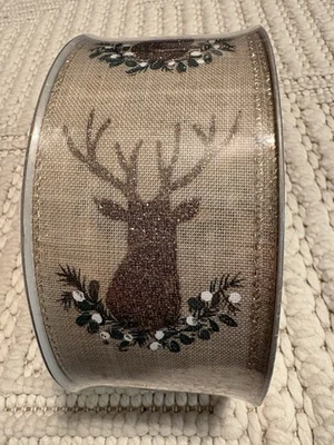 NEW Christmas 50 Yards Wired Edge Premium Ribbon Deer Gold Glitter 2.5"W - Image 1 of 4