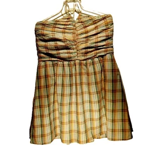 American Eagle Sommerkleid Gr. XL hellbraun/aqua kariert gerafft Neckholder Oberteil hinten gesmokt - Bild 1 von 12