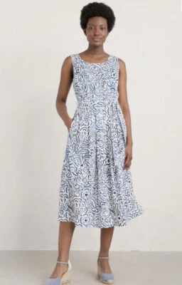 Seasalt Cornwall Natural Belle Fit Flare Midi Dress Sz 10 Organic Cotton Pockets - image 1 of 4