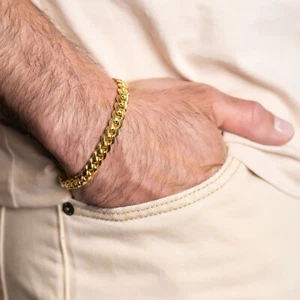 Men's 14K Gold Plated Over 925 Sterling Silver 8.5MM Miami Cuban Chain Bracelet - Picture 1 of 2