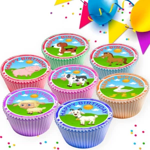 HAPPY BIRTHDAY FARM ANIMALS EDIBLE CUPCAKE TOPPERS CAKE DECORATIONS CC7990 - Picture 1 of 1