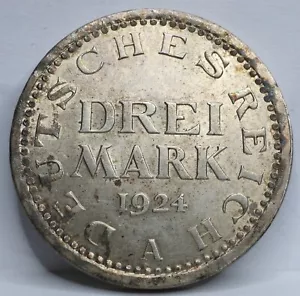 GERMANIA Weimar 3 marchi RM Reichsmark 1924 A UNC Berlino argento aquila tono #F45 - Foto 1 di 6