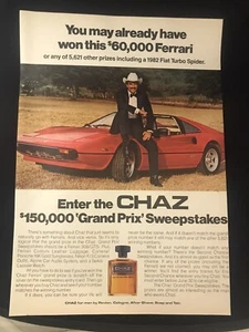 1982 Tom Selleck Ferrari 308/GTSi photo Chaz Cologne Sweepstakes promo print ad - Picture 1 of 1