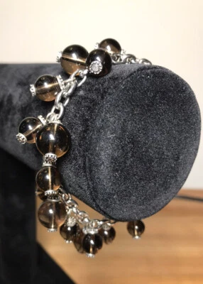 Brazalete de cuarzo ahumado con cuentas de plata de ley 925 7 1/4 pulgadas Foto 1 de 4
