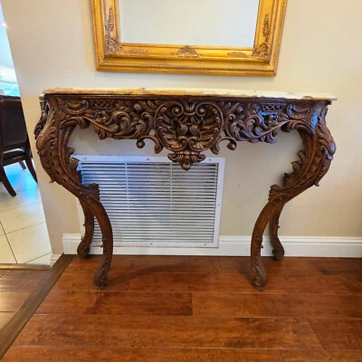 Antique 18th Century French Rococo Hand Carved Tiger Oak Console Entry Table - Image 1 of 4