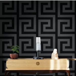 Black Geometric Wallpaper Large Greek Key Dark Grey Designer Wall Paper - Picture 1 of 6