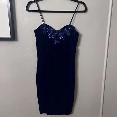 Vintage Y2K Fredericks Of Hollywood Velvet Sequin Mini Dress Size 7 Royal Blue  - Image 1 of 4
