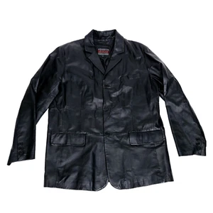 Excelled Mens Leather Blazer Suit Jacket XL Tall Black Three Button Lined - Picture 1 of 15
