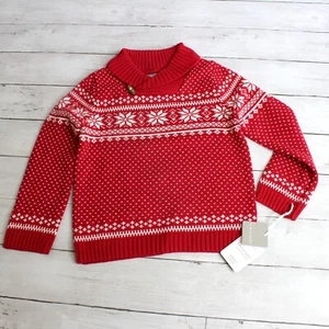 Tahari Boy's Red Fair Isle Pullover Ski Sweater Size 5 6 Red Snowflake Winter - Picture 1 of 6