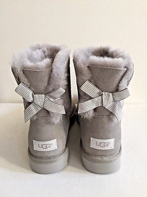 UGG CLASSIC MINI BAILEY BOW STRIPE SEAL GREY BOOT US 7 / EU 38 / UK 5.5 - NIB - Image 1 of 4