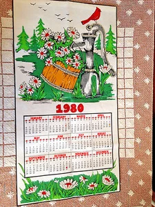 VINTAGE 1980 CARDINAL & DAISIES FELT CALENDAR BEADS & SEQUINS 16.5 X 30.75 - Picture 1 of 4