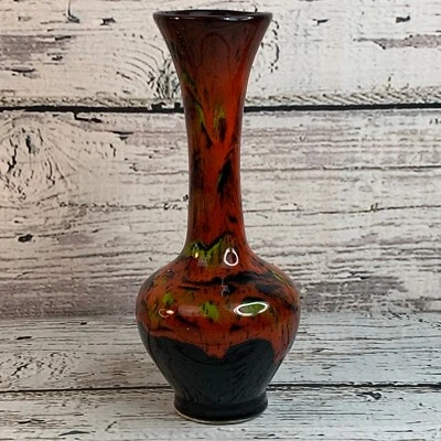 Art Pottery Vase Bud Home Decor Accent Piece Red Black Green 9.5" - Image 1 of 4
