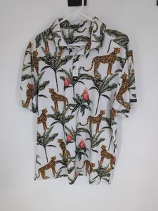 Bad Birdie Polo Shirt Mens XL White Cheetah Parrot Palm Print Golf Tropical - Picture 1 of 4