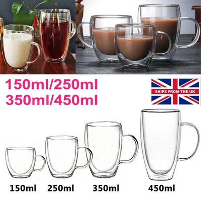 Double Wall Insulated Glass Coffee Glass Mug Tea Cup With Handle 150/250/350/450 - Image 1 of 4