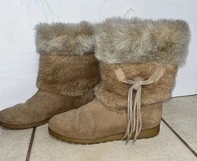 VTG 70s Suede Faux Fur Sherpa Lined Boots Size 9 Slip On Retro Snowland Winter - Image 1 of 4