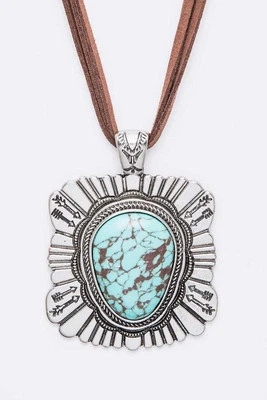 Large Stone Pendant Long Suede Necklace Set - Imagem 1 de 4