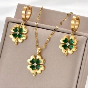 Goldene Edelstahl und Kristall natürliche Halskette Kette mit Ohrringe Sets - Bild 1 von 3