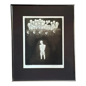 Framed 1970's Death Sentence Signed Lithograph Macabre Art Skeletons Gothic - Picture 1 of 13
