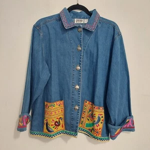 Chico's VTG 90s Denim Embroidered Shirt Jacket Colorful Art To Wear Retro 2 (L) - Picture 1 of 11
