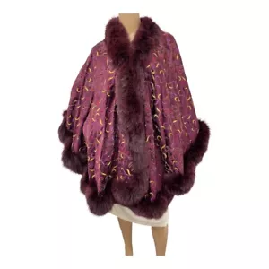 Women's Bordo Faux Fur Embroidered Poncho, One Size. - Picture 1 of 2