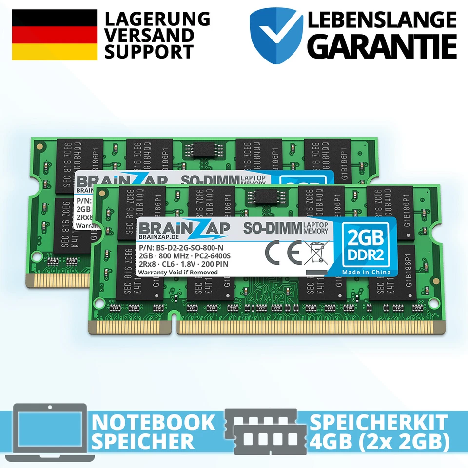 4GB DDR2 RAM PC2-6400S 2Rx8 800MHz Notebook Laptop Speicher CL6 Intel AMD 2x 2GB