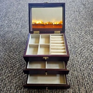 Jewelry Box Organizer 3 Layers Tiers Velvet Lined Cherry Stain - Picture 1 of 14