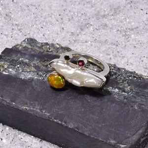 Anillo de ópalo Etiopía, plata 925, anillo de piedras preciosas (21129), con perla y turmalina - Imagen 1 de 1