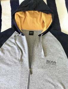 Mens Hugo Boss Black Label Grey & Blue Thin Hoodie Hooded Sweatshirt In Large - Picture 1 of 7