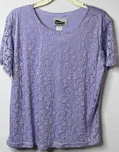 Sense Short Sleeve Top Purple Solid Floral Lace Overlay New Tag Large Vintage - Picture 1 of 8