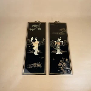 Orientalische Chinesische Lackierte Holz Schwarz Bilder Deko Kunst Antik Vintage - Bild 1 von 12
