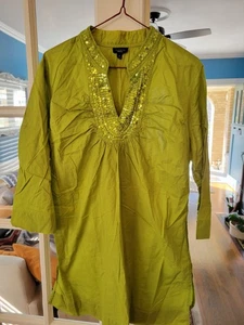 Talbots Lime Green Sequins on Collar & Front Long Tunic V-Neck Cotton Blouse Med - Picture 1 of 4