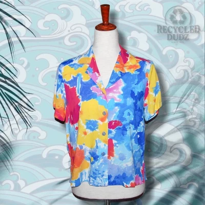 JAMS мир женщин XS цветочный всплеск узор гавайская рубашка 100% вискоза Тики Алоха - Изображение 1 из 4