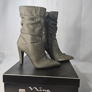 NINA "Darla" Charcoal Grey Sparkle Metallic Boots Pointed Toe Sz 8 M Ruched NEW - Picture 1 of 5