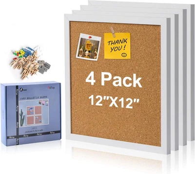 Cork Board Bulletin Board 12X12, White Framed Corkboard 4 Pack, Small Square Pin - Image 1 of 4