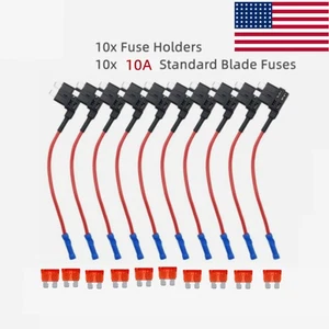 10 Pack Standard Fuse Tap Add-A-Circuit Holder & 10Amp Blades Fuses ATO/ATC - Picture 1 of 8
