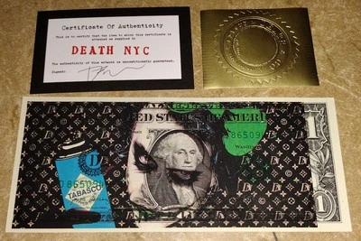 Billete oficial de dólar de Estados Unidos Death NYC edición limitada firmado arte callejero Joker de $1 Foto 1 de 3