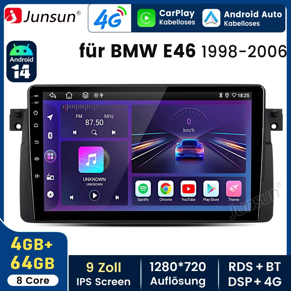Für BMW 3er E46 1999-2005 8Kern Android14 CarPlay 4+64G 9"Autoradio GPS Navi DAB - Bild 1 von 4
